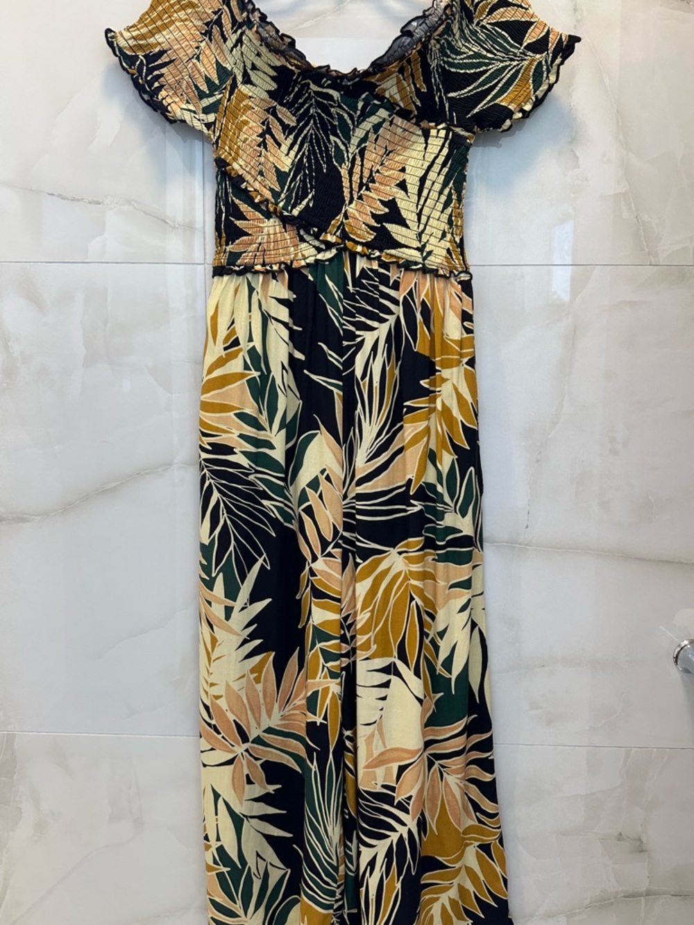 Patrons of Peace Black Tropical Print Off-Shoulder Jumpsuit size XS